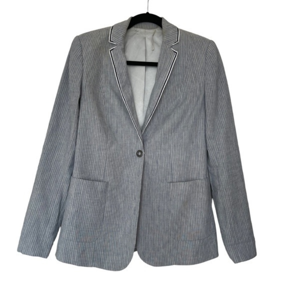 T Tahari Light Blue Linen Blend Pinstriped Blazer w Navy & White Trim - Size 4